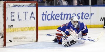 Igor Shesterkin allows a goal to  Alex Newhook (not pictured) during the second period of the Rangers' 3-2 loss to the Canadiens on April 2, 2026 at Madison Square Garden.