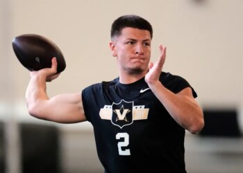 Vanderbilt quarterback Diego Pavia (2) looks to throw a pass during the school's NFL football pro day Friday, March 20, 2026, in Nashville, Tenn.