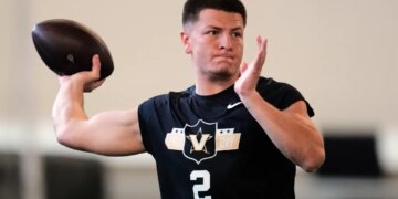 Vanderbilt quarterback Diego Pavia (2) looks to throw a pass during the school's NFL football pro day Friday, March 20, 2026, in Nashville, Tenn.