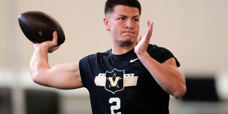 Vanderbilt quarterback Diego Pavia (2) looks to throw a pass during the school's NFL football pro day Friday, March 20, 2026, in Nashville, Tenn.