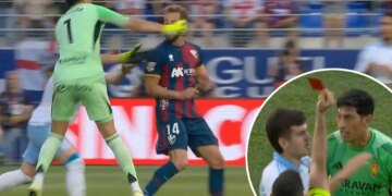 Red-carded goalkeeper punches opponent in face as game descends into chaos