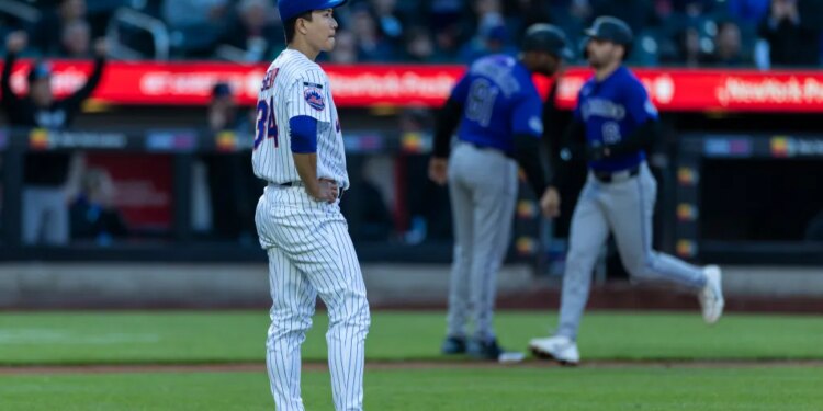 New York Mets pitcher Kodai Senga reacts on the mound after giving up a home run.