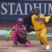 Russell Wilson hits a ground ball for the Savannah Bananas at Yankee Stadium on April 26, 2026.