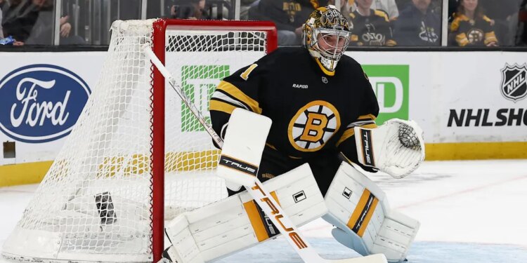 Boston Bruins goaltender Jeremy Swayman in goal during the first period against the San Jose Sharks.