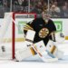 Boston Bruins goaltender Jeremy Swayman in goal during the first period against the San Jose Sharks.