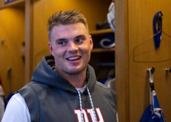 New York Giants guard Shane Lemieux is interviewed by the media after practice at the Quest Diagnostics center, Tuesday, Sept. 5, 2023, in East Rutherford, New Jersey.