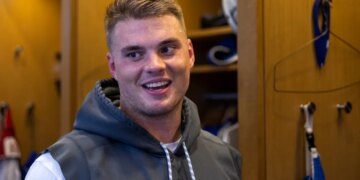 New York Giants guard Shane Lemieux is interviewed by the media after practice at the Quest Diagnostics center, Tuesday, Sept. 5, 2023, in East Rutherford, New Jersey.