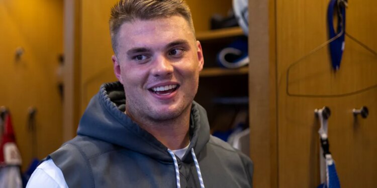 New York Giants guard Shane Lemieux is interviewed by the media after practice at the Quest Diagnostics center, Tuesday, Sept. 5, 2023, in East Rutherford, New Jersey.