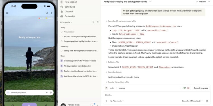 A screenshot showing Claude Code on the right and an iOS simulator running an app on the left.
