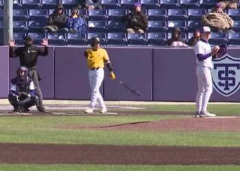 St. Thomas pitcher Nolan Kemp (r.) is called for a walk-off balk in the 21st inning, giving Northern Colorado an 8-7 win on April 18, 2026.
