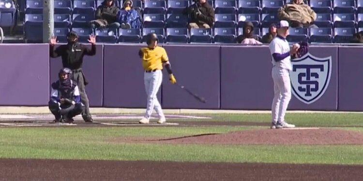St. Thomas pitcher Nolan Kemp (r.) is called for a walk-off balk in the 21st inning, giving Northern Colorado an 8-7 win on April 18, 2026.