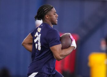 Notre Dame running back Jadarian Price runs a drill runs a drill during the school's NFL football pro day in South Bend, Ind., Tuesday, March 24, 2026. (AP Photo/Michael Conroy)