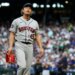 Houston Astros pitcher Tatsuya Imai (45) departs the mound during a pitching change.