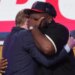 Kayden McDonald, right, reacts with NFL Commissioner Roger Goodell after being chosen by the Houston Texans with the 36th overall pick during the second round of the NFL football draft, Friday, April 24, 2026.