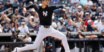 Elmer Rodriguez pitching for the Yankees in spring training.
