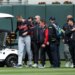 Tigers center fielder Parker Meadows is helped off the field after a collision with left fielder Riley Greene during the eighth inning of baseball game against the Minnesota Twins, Thursday, April 9, 2026, in Minneapolis.