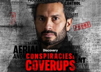 Illustration for the Discovery series "Conspiracies & Coverups" featuring a man's face over a collage of classified documents and text like "Mind Control" and "Covert Experiments".