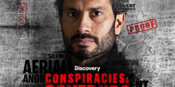 Illustration for the Discovery series "Conspiracies & Coverups" featuring a man's face over a collage of classified documents and text like "Mind Control" and "Covert Experiments".