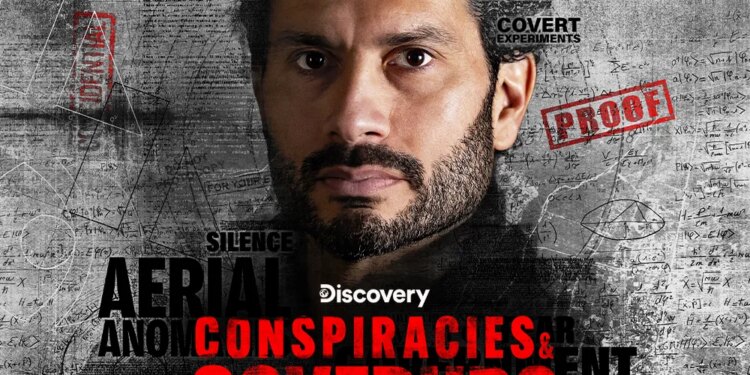 Illustration for the Discovery series "Conspiracies & Coverups" featuring a man's face over a collage of classified documents and text like "Mind Control" and "Covert Experiments".