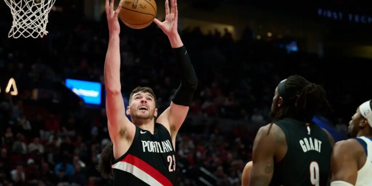 Portland Trail Blazers center Donovan Clingan (23) grabs a rebound during the second half against the Dallas Mavericks at Moda Center.