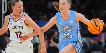 Ashlynn Shade (UConn) and Elina Aarnisalo (North Carolina) playing basketball.