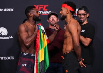 Opponents Aljamain Sterling and Youssef Zalal of Morocco face off during the UFC weigh-in at Meta APEX on April 24, 2026 in Las Vegas, Nevada.