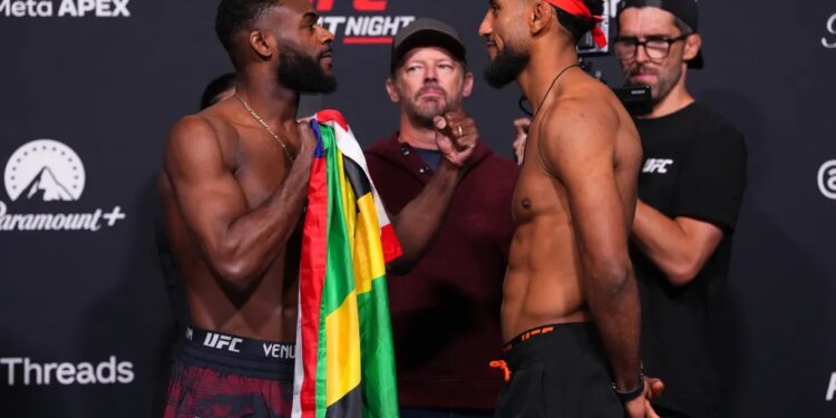 Opponents Aljamain Sterling and Youssef Zalal of Morocco face off during the UFC weigh-in at Meta APEX on April 24, 2026 in Las Vegas, Nevada.