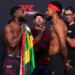 Opponents Aljamain Sterling and Youssef Zalal of Morocco face off during the UFC weigh-in at Meta APEX on April 24, 2026 in Las Vegas, Nevada.