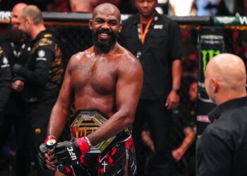 Jon Jones reacts after his TKO victory against Stipe Miocic in the UFC heavyweight championship at UFC 309 in Madison Square Garden on November 16, 2024.