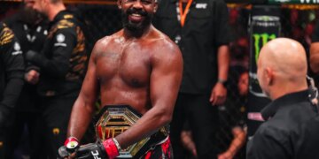 Jon Jones reacts after his TKO victory against Stipe Miocic in the UFC heavyweight championship at UFC 309 in Madison Square Garden on November 16, 2024.