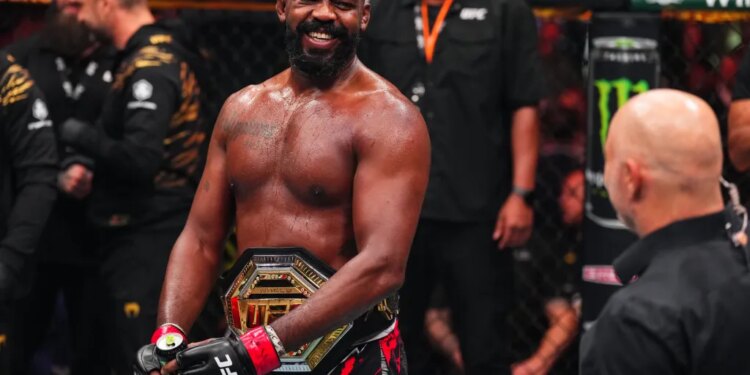 Jon Jones reacts after his TKO victory against Stipe Miocic in the UFC heavyweight championship at UFC 309 in Madison Square Garden on November 16, 2024.