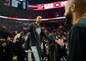 San Antonio Spurs forward Victor Wembanyama is introduced before a playoff game against the Portland Trail Blazers.