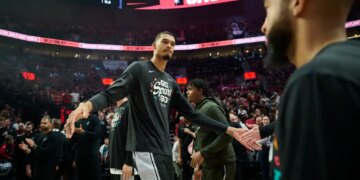 San Antonio Spurs forward Victor Wembanyama is introduced before a playoff game against the Portland Trail Blazers.