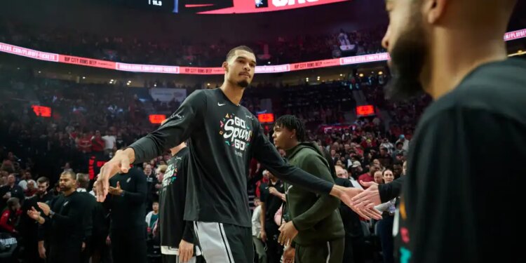 San Antonio Spurs forward Victor Wembanyama is introduced before a playoff game against the Portland Trail Blazers.