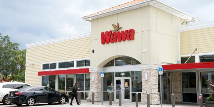 Wawa convenience store exterior with a red and brown logo, a man walking on the sidewalk, and cars parked outside.
