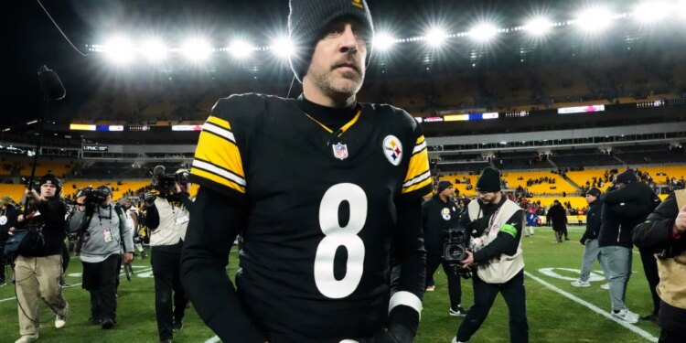 Pittsburgh Steelers quarterback Aaron Rodgers (8) leaves the field after an NFL wild-card playoff football game against the Houston Texans, Monday, Jan. 12, 2026, in Pittsburgh.