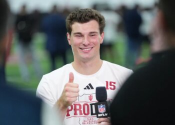 Fernando Mendoza gives a thumbs up during an interview with NFL Network.