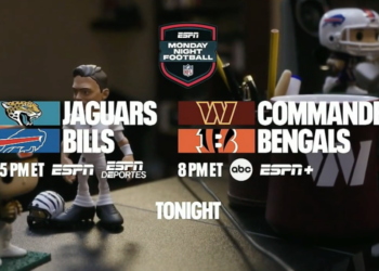 Monday Night Football graphic for Jaguars vs. Bills and Commanders vs. Bengals.