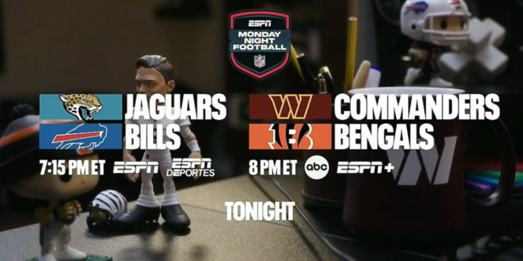 Monday Night Football graphic for Jaguars vs. Bills and Commanders vs. Bengals.