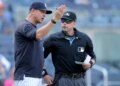 Aaron Boone argues with home plate umpire Will Little in the eighth inning before getting ejected for the first time this season in the Yankees' 11-4 blowout loss to the Angels on April 16, 2024.