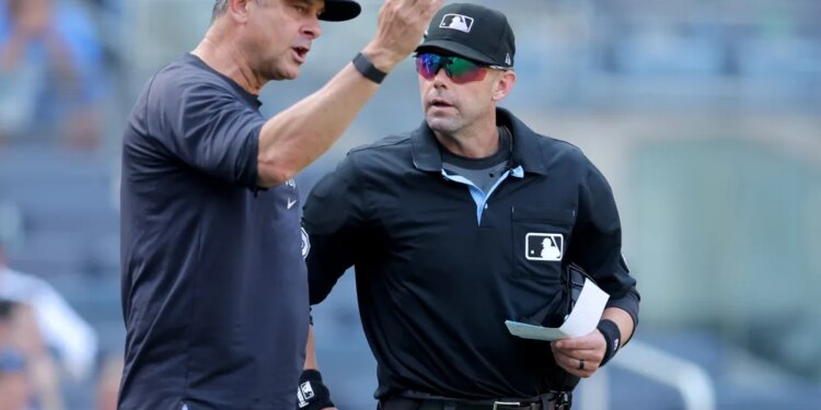 Aaron Boone argues with home plate umpire Will Little in the eighth inning before getting ejected for the first time this season in the Yankees' 11-4 blowout loss to the Angels on April 16, 2024.