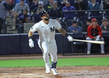 New York Yankees left fielder Jasson Domínguez #24, flies out to right in the 3rd inning.