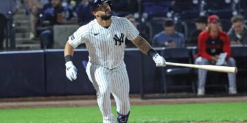 New York Yankees left fielder Jasson Domínguez #24, flies out to right in the 3rd inning.