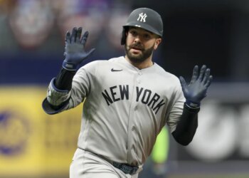 Austin Wells celebrates after hitting a solo home run in the second inning of the Yankees' 5-4, 10-inning loss to the Rays on April 11, 2026.