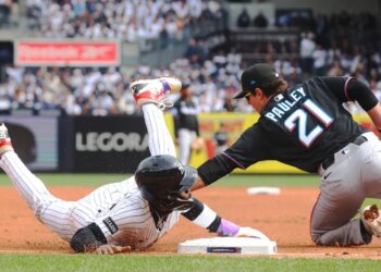 New York Yankees second baseman Jazz Chisholm Jr. (13) steals third base during the second inning when the New York Yankees played the Miami Marlins in their home opener Friday, April 3, 2026