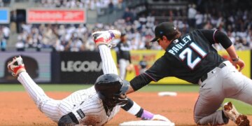 New York Yankees second baseman Jazz Chisholm Jr. (13) steals third base during the second inning when the New York Yankees played the Miami Marlins in their home opener Friday, April 3, 2026