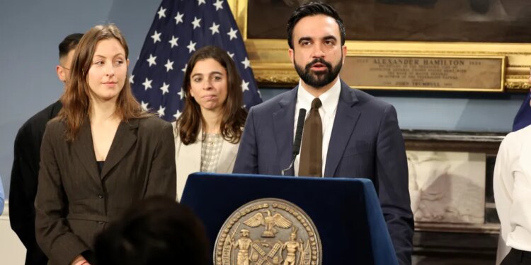 Mayor Zohran Kwame Mamdani is pictured at City Hall Blue Room on Thursday, April 16, 2026, during a press conference