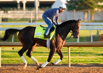 Kentucky Derby entrant Chief Wallabee with a jockey working out at Churchill Downs.