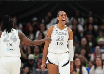 Las Vegas Aces center A’ja Wilson (22) reacts after scoring while drawing a foul.