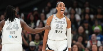 Las Vegas Aces center A’ja Wilson (22) reacts after scoring while drawing a foul.